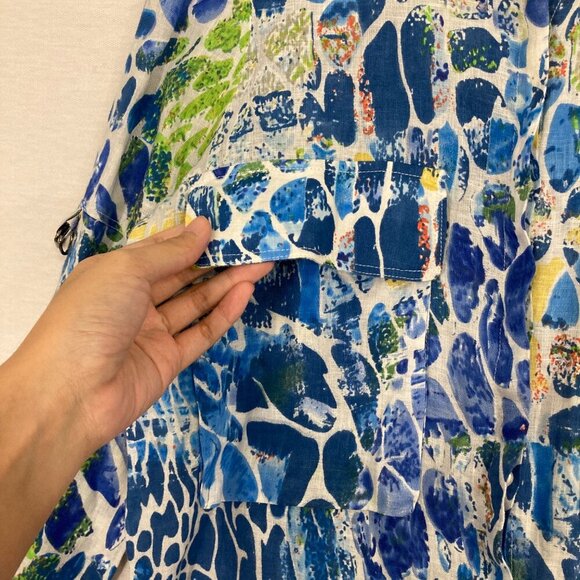 Alberto Makali Blue Green Abstract Artsy 100% Linen Button Down Large Resort - Picture 4 of 10